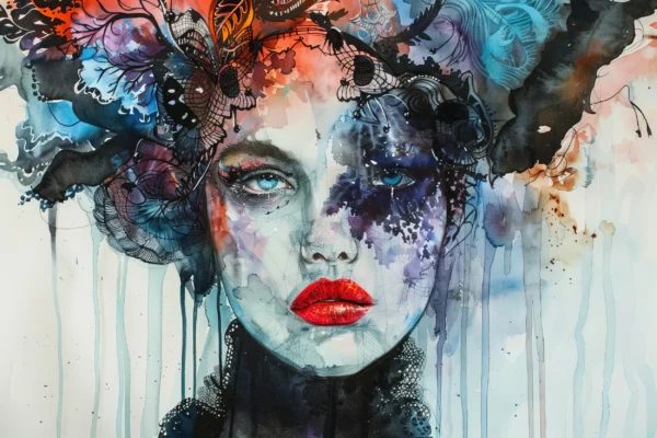Papier Peint Artistique Portrait Féminin Aquarelle Contemporain Multicolore – Wallpaper