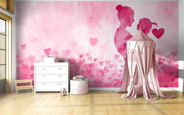 Papier Peint Romance Rose Couple Silhouettes Cœurs Aquarelle – Gallery