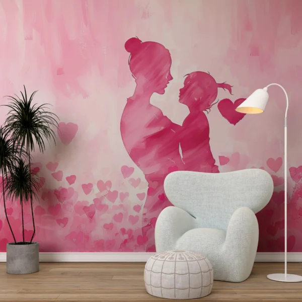 Papier Peint Romance Rose Couple Silhouettes Cœurs Aquarelle – Main