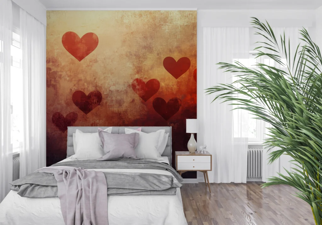 Papier Peint Romantique Cœurs Rouges Texture Vintage Grunge - Main - AURAMUR Papier Peint Romantique Cœurs Rouges Texture Vintage Grunge – Main