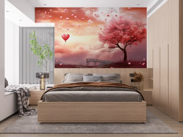 Papier Peint Romantique Cœurs Volants et Arbre Rose Lune – Gallery
