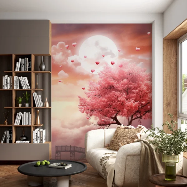 Papier Peint Romantique Cœurs Volants et Arbre Rose Lune – Gallery