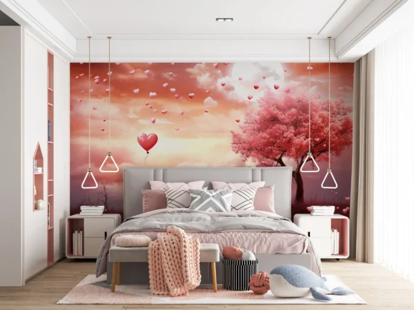 Papier Peint Romantique Cœurs Volants et Arbre Rose Lune – Gallery