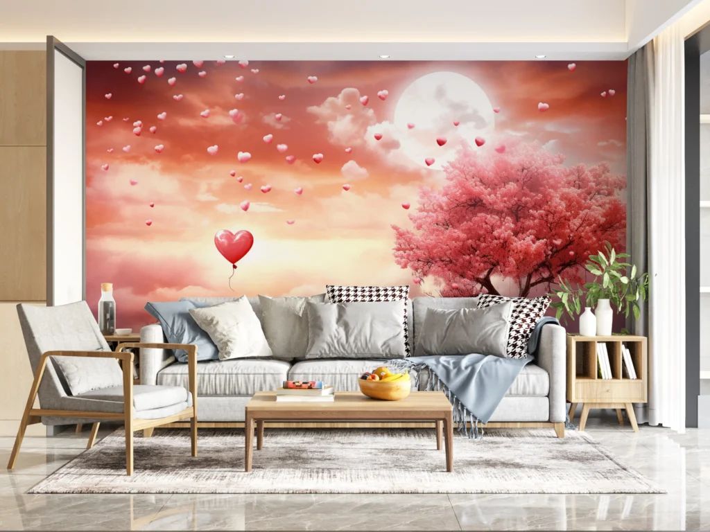 Papier Peint Romantique Cœurs Volants et Arbre Rose Lune - Main - AURAMUR Papier Peint Romantique Cœurs Volants et Arbre Rose Lune – Main