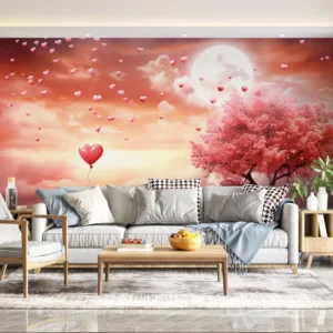Papier Peint Romantique Cœurs Volants et Arbre Rose Lune