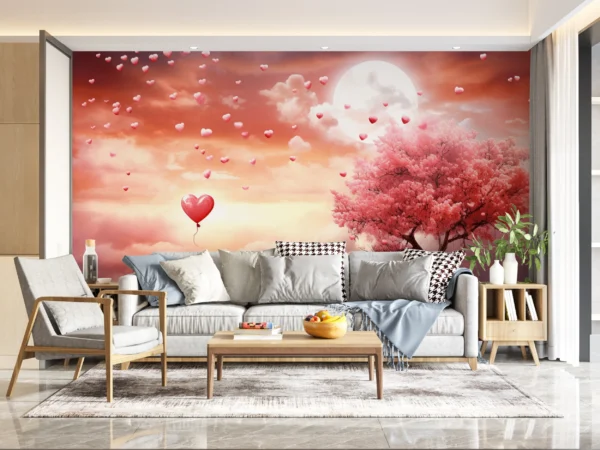 Papier Peint Romantique Cœurs Volants et Arbre Rose Lune – Main