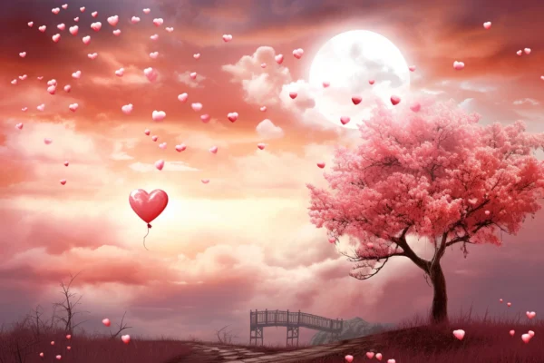 Papier Peint Romantique Cœurs Volants et Arbre Rose Lune – Wallpaper