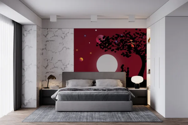 Papier Peint Romantique Silhouette Couple sous Arbre Coeurs Lune Rouge – Gallery