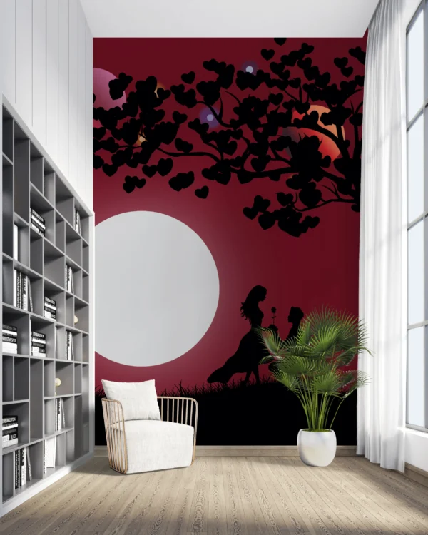 Papier Peint Romantique Silhouette Couple sous Arbre Coeurs Lune Rouge – Gallery