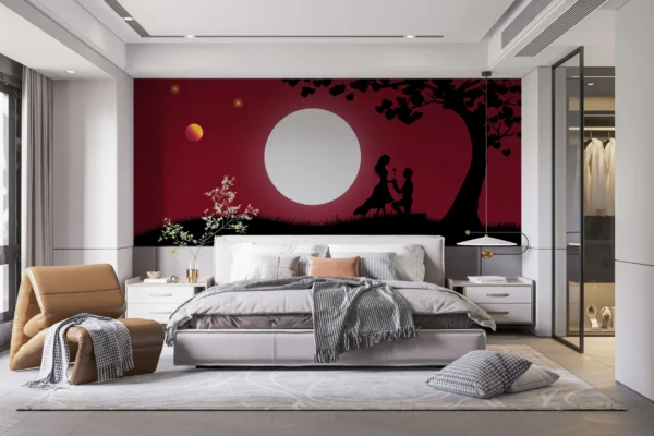 Papier Peint Romantique Silhouette Couple sous Arbre Coeurs Lune Rouge – Main