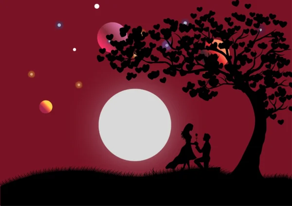 Papier Peint Romantique Silhouette Couple sous Arbre Coeurs Lune Rouge – Wallpaper