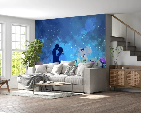 Papier Peint Romantique Couple Silhouette Cosmos Étoilé Fleurs Violettes – Gallery