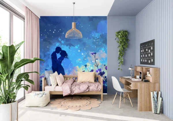 Papier Peint Romantique Couple Silhouette Cosmos Étoilé Fleurs Violettes – Gallery