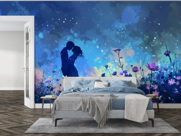 Papier Peint Romantique Couple Silhouette Cosmos Étoilé Fleurs Violettes – Gallery