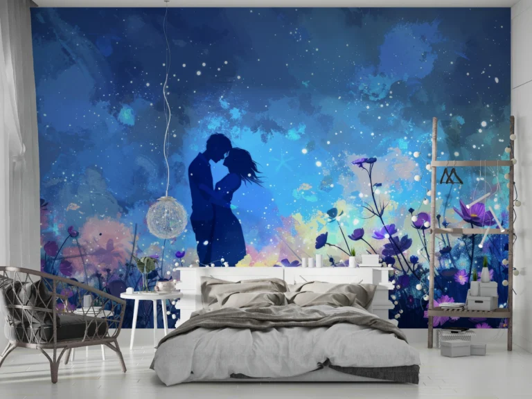 Papier Peint Romantique Couple Silhouette Cosmos Étoilé Fleurs Violettes – Main