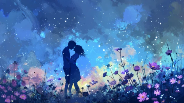 Papier Peint Romantique Couple Silhouette Cosmos Étoilé Fleurs Violettes – Wallpaper