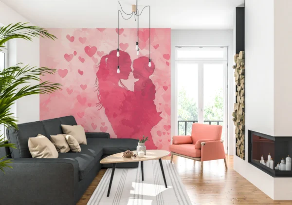 Papier peint romantique couple silhouettes roses et cœurs flottants – Gallery