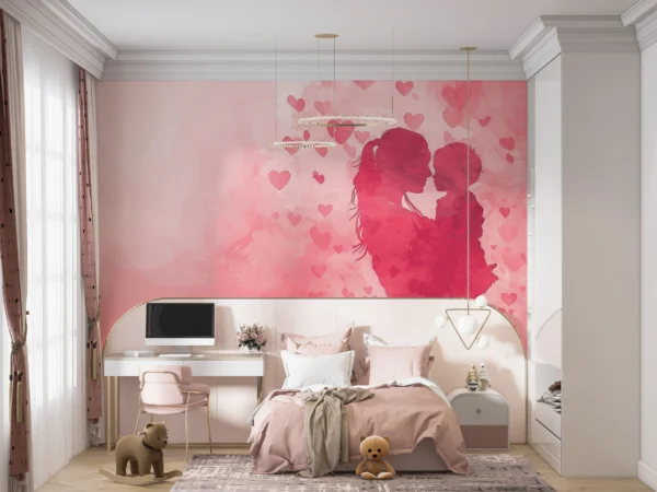 Papier peint romantique couple silhouettes roses et cœurs flottants – Gallery