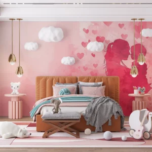 Papier peint romantique couple silhouettes roses et cœurs flottants