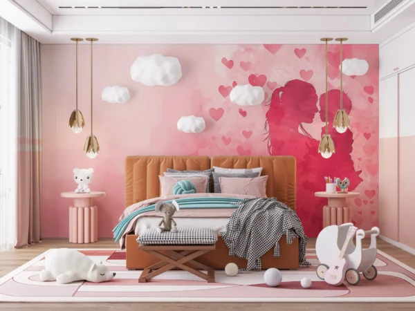Papier peint romantique couple silhouettes roses et cœurs flottants – Main