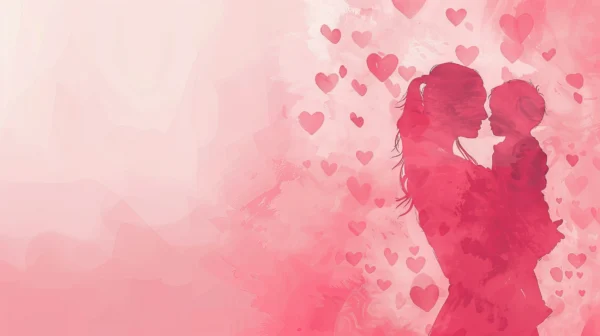 Papier peint romantique couple silhouettes roses et cœurs flottants – Wallpaper