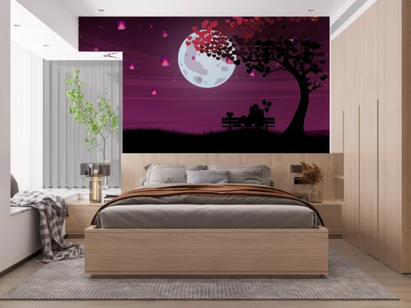 Lune Romantique et Couple sous Arbre aux Coeurs Violets – Gallery