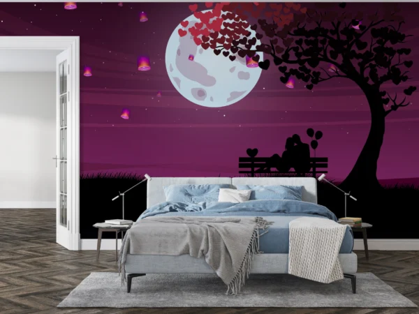Lune Romantique et Couple sous Arbre aux Coeurs Violets – Gallery