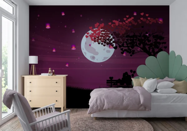 Lune Romantique et Couple sous Arbre aux Coeurs Violets – Gallery