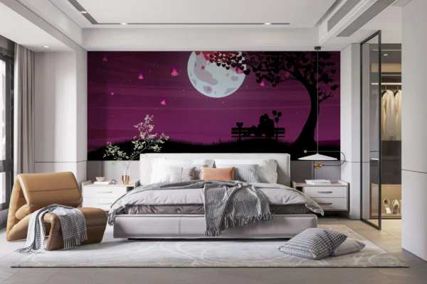 Lune Romantique et Couple sous Arbre aux Coeurs Violets – Gallery