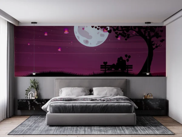 Lune Romantique et Couple sous Arbre aux Coeurs Violets – Main