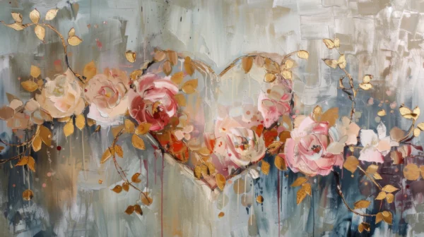 Papier peint artistique roses aquarelles dorées sur fond abstrait bleu gris – Wallpaper