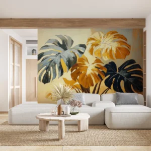 Papier peint tropical monstera aux teintes dorées et bleues