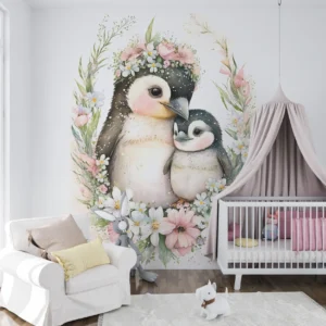 Papier Peint Pingouins Tendres Couronne de Fleurs Pastel
