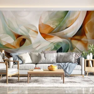 Papier Peint Abstrait Flux Ondulants Orange Vert Translucide