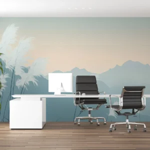 Papier peint panoramique montagnes et herbes pampas style japonais