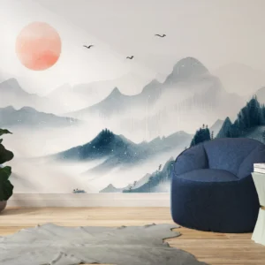 Paysage montagneux brumeux avec soleil corail style aquarelle asiatique