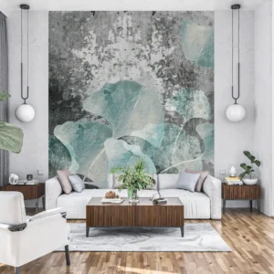 Papier peint floral contemporain avec feuilles de ginkgo bleu-vert