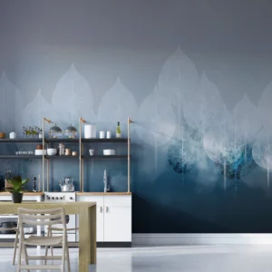 Papier Peint Feuillage Stylisé Dégradé Bleu Atmosphérique Moderne