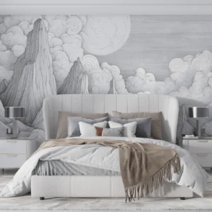 Papier Peint Paysage Montagneux Nuages Lune Style Gravure Vintage