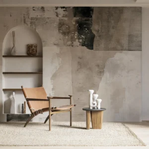 Papier peint abstrait beige et blanc effet aquarelle moderne