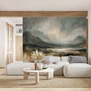 Papier Peint Paysage Abstrait Montagnes Brume Tons Naturels