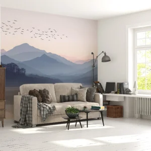 Papier peint paysage montagneux avec lac et oiseaux migrateurs