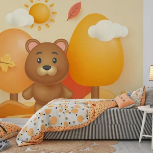 Papier Peint Enfant Ourson Mignon Automne Orange Forêt Enchantée