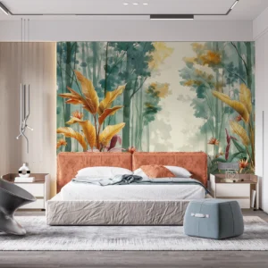 Papier Peint Forêt Tropicale Exotique aux Tons Dorés