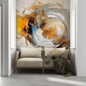 Papier Peint Abstrait Tourbillon Dynamique Bleu Orange Moderne