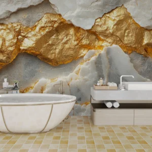 Papier Peint Marbre Doré et Blanc Effet Géode Luxueux