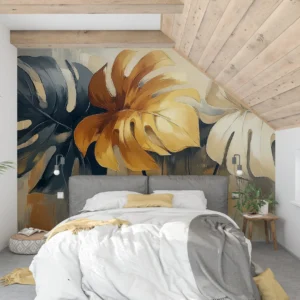 Papier Peint Tropical Monstera Délicata aux Tons Dorés et Bleus