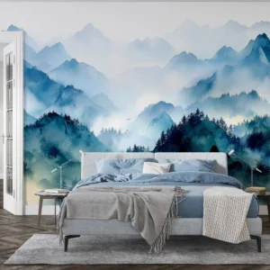 Papier peint panoramique montagnes brumeuses style aquarelle bleu