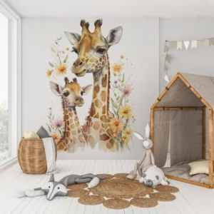 Papier Peint Aquarelle Girafes et Fleurs Sauvages Style Nursery