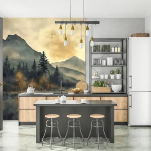 Paysage Montagneux Brumeux avec Lac et Forêts de Conifères